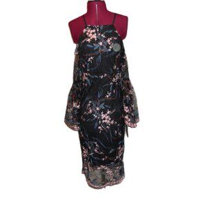 NWT Nanette Lepore 4 Black Multi Floral Dress Spaghetti Straps Cold Shoulder